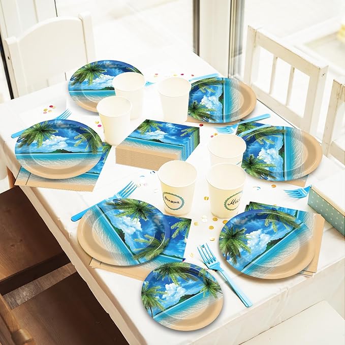 96Pcs Beach Party Plates and Napkins for Summer Tropical Birthday