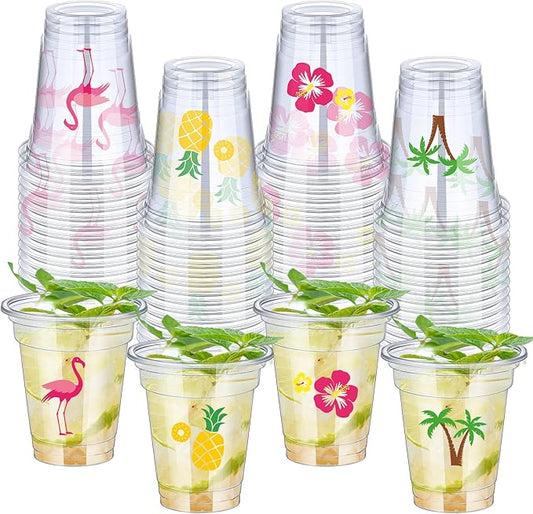 100 Pack 12 oz Clear Disposable Luau Cups Hawaiian Flamingo