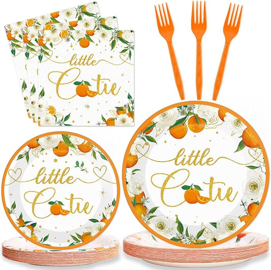 Little Cutie Baby Shower Decorations Plates And Napkins Orange