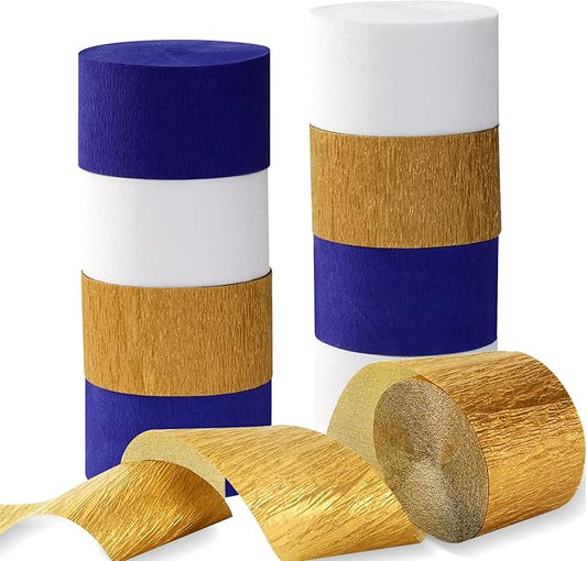 Navy-Blue White-Gold Crepe Paper Streamers - 9 Rolls Royal Blue