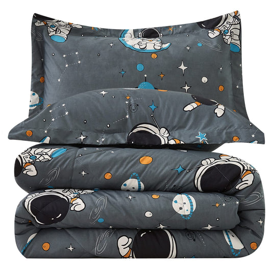 JSD Grey Astronaut Kids Comforter Set Queen Size, 3 Piece Space Theme