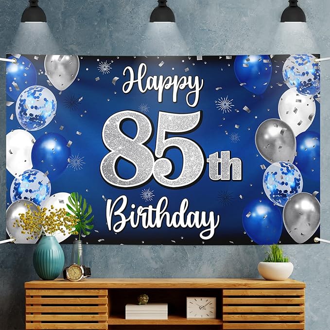 Happy 85th Birthday Decorations 85th Blue & Silver Balloon Large
