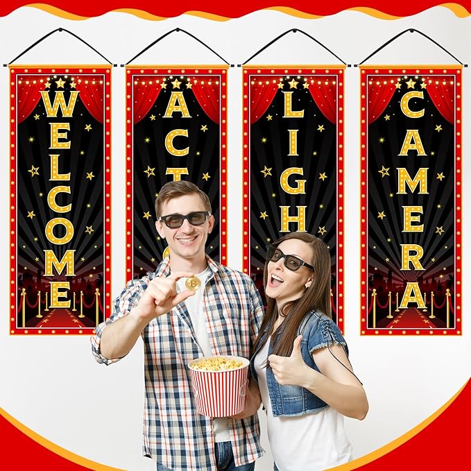 4 Pcs Movie Night Porch Banner Movie Themed Party Decorations
