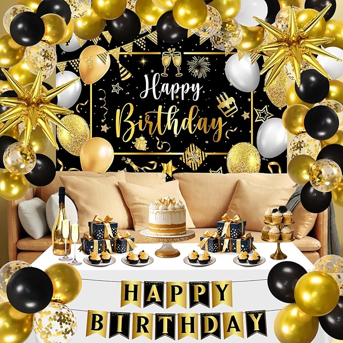 Black Gold Birthday Party Decorations for Men Women 63Pcs Black and