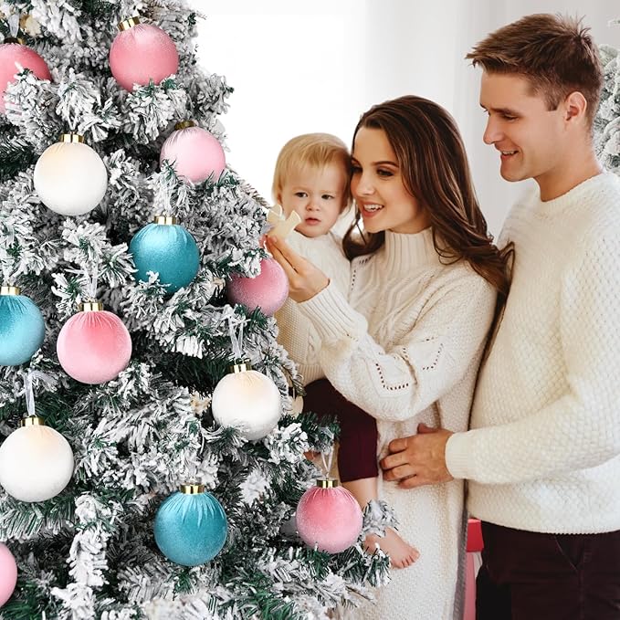 Velvet Christmas Ornaments Balls for Tree - 15pcs Pink & Teal