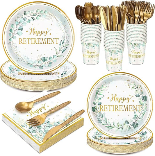 252 Pcs Sage Green Retirement Party Tableware Set Happy Retirement