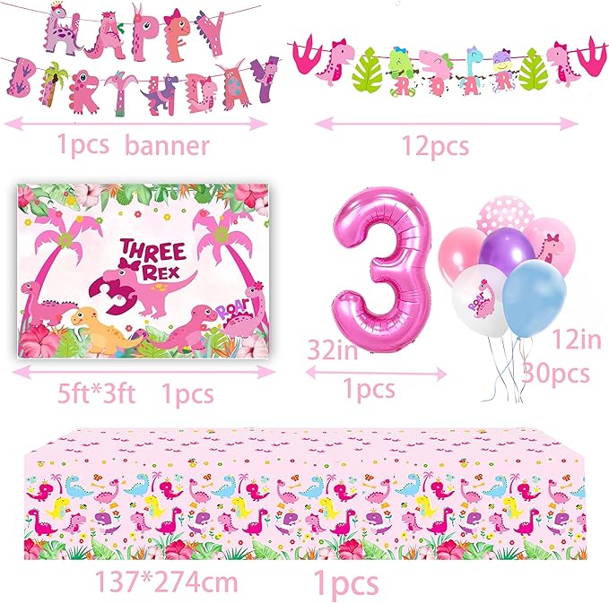 Pink Three Dino Rex Birthday Party Decorations Dinosaur 3rd Birthday