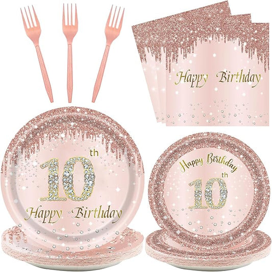 24 Sets 10th Rose Gold Birthday Party Decrations for Girls 10