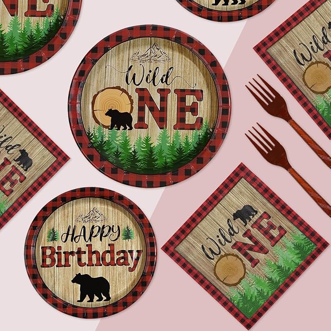 96Pcs Lumberjack Wild One Birthday Decorations Buffalo Plaid