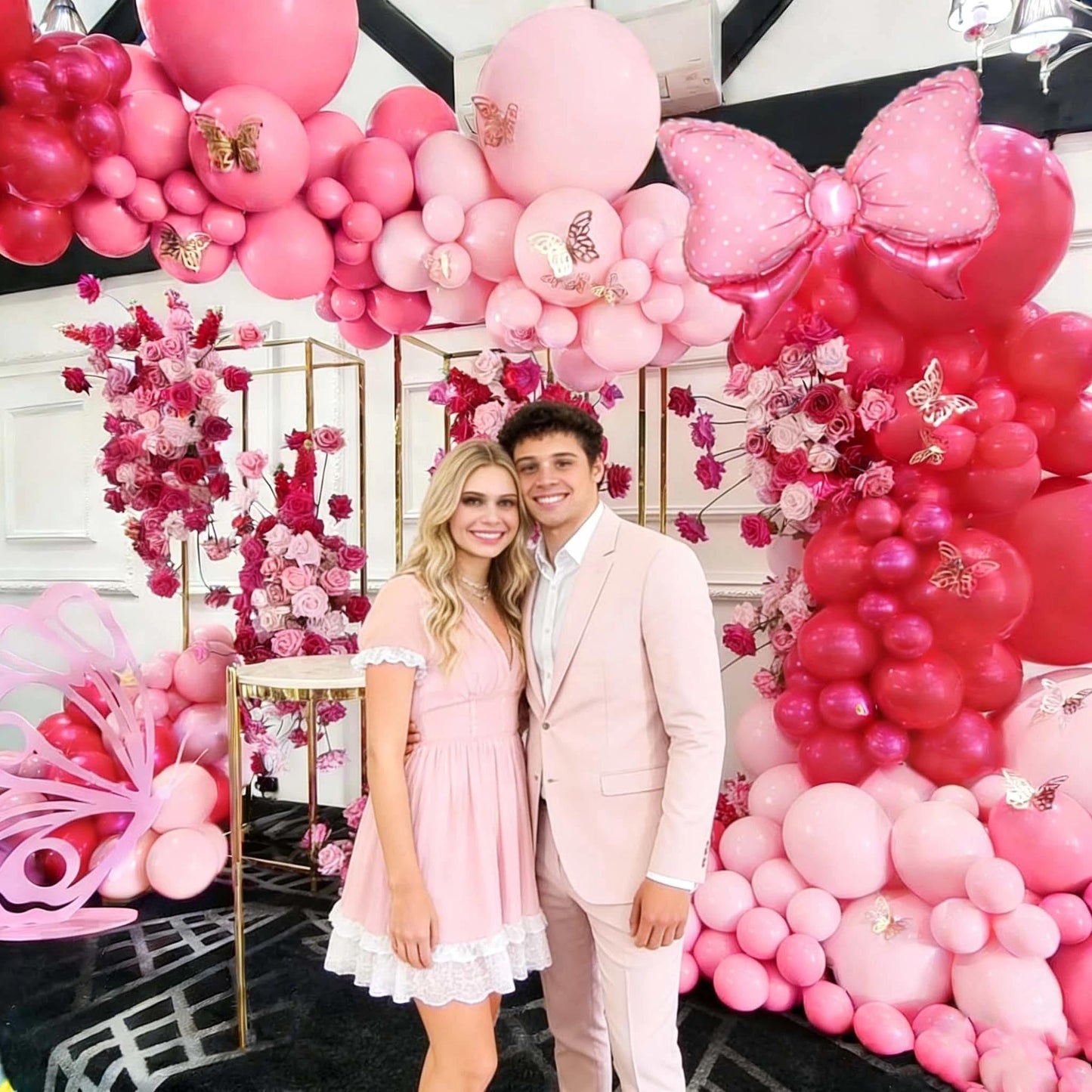 Pink Balloon Arch Kit Double Stuffed Peach Pink Bow Balloon Garland
