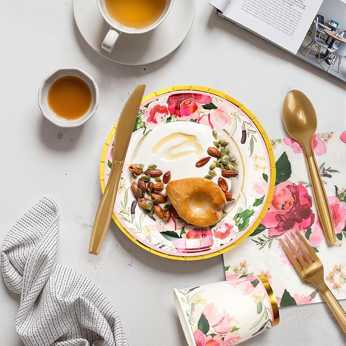 168Pcs Paper Plates Floral Rose Gold Party Plates and Napkins