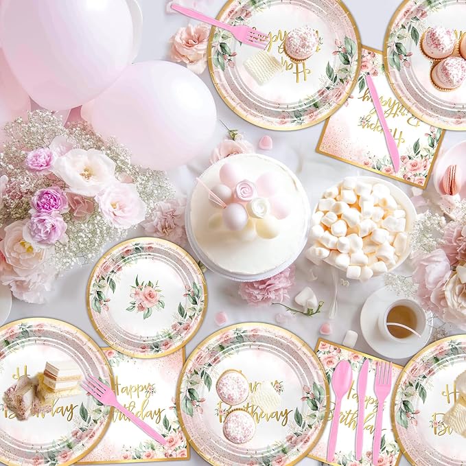 168 PCS Rose Gold Birthday Party Decorations Pink Floral Birthday