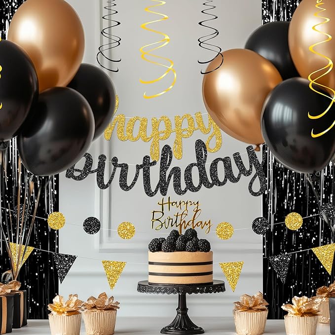 Black and Gold Birthday Party Decorations Set - Happy Birthday Banner