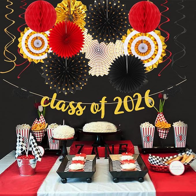Red-Black Gold Party-Decorations Graduation Banner-Streamers - 18pcs K