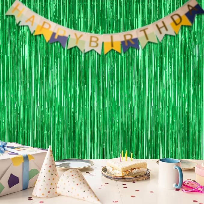 4 Pack Green Streamers, 3.28 FT x 7.05 FT Birthday Tinsel Backdrop,