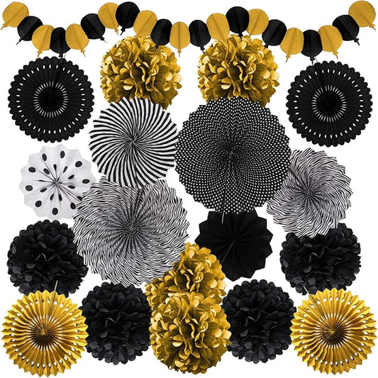 Black and Gold Decorations, Paper Pompoms Fan for Graduation Birthday