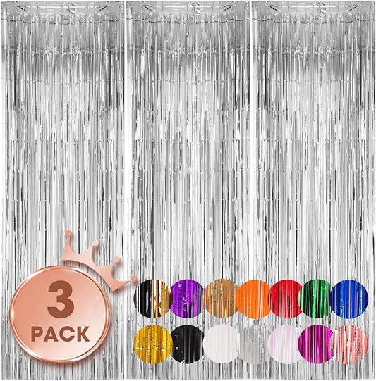 Voircoloria 3 Pack 3.3x8.2 Feet Silver Foil Fringe Backdrop Curtains,