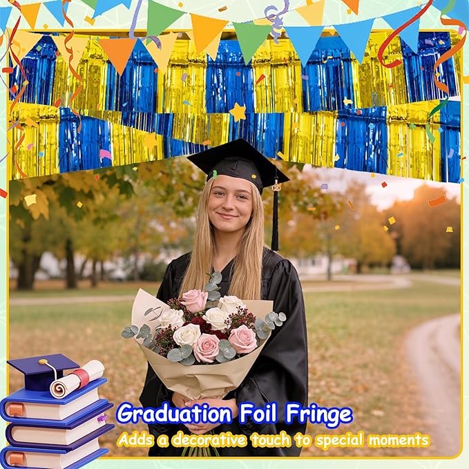 4 Pack 10 Feet Graduation Parade Floats Foil, Royal Blue Gold Fringe