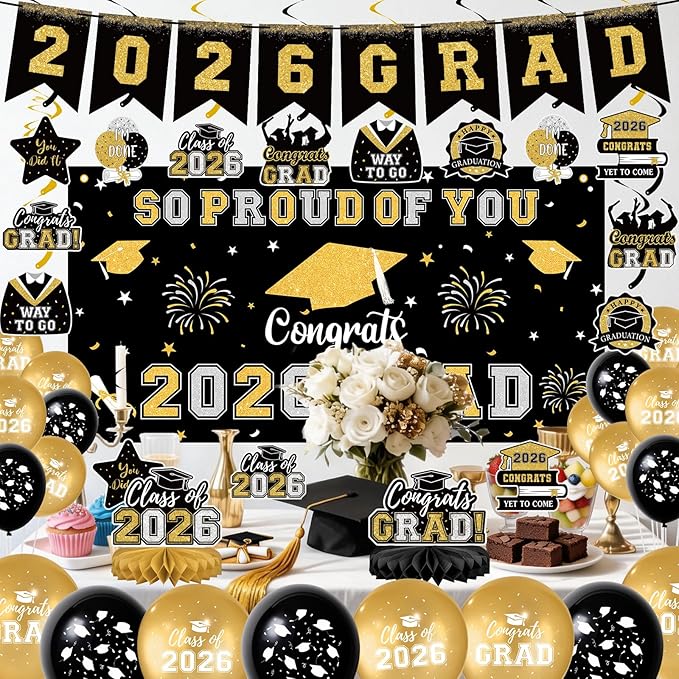 Graduation Decorations 2026 Black Gold Themed Grad Party Decor Set