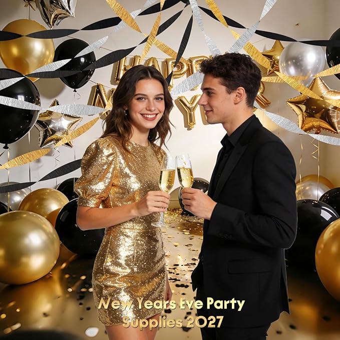 AOYOO Crepe Paper Streamers, 6 Rolls Black Gold and Silver Party