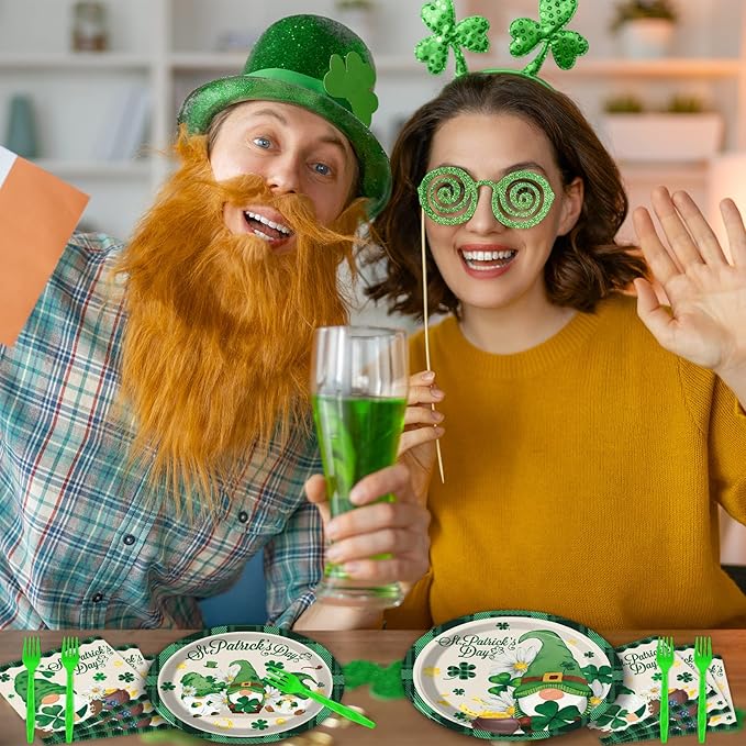 96 Pcs St Patrick's Day Plates and Napkins Green Shamrock Gnome
