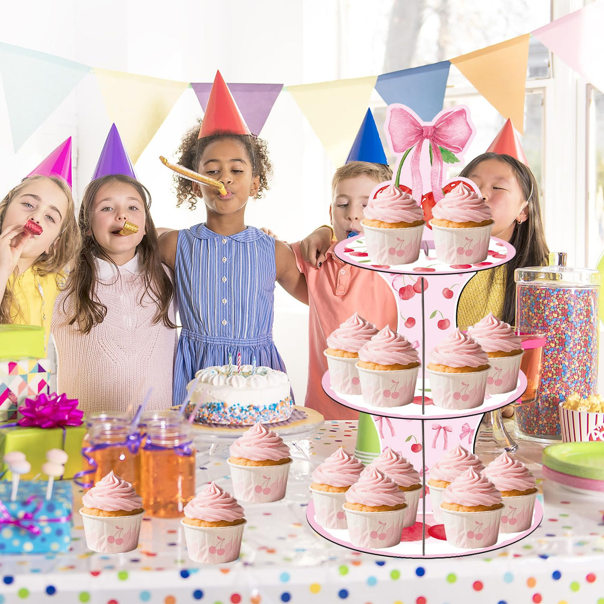 Cherry Bow Birthday Party Decorations - 3 Tier Pink Bow Cupcake Stand