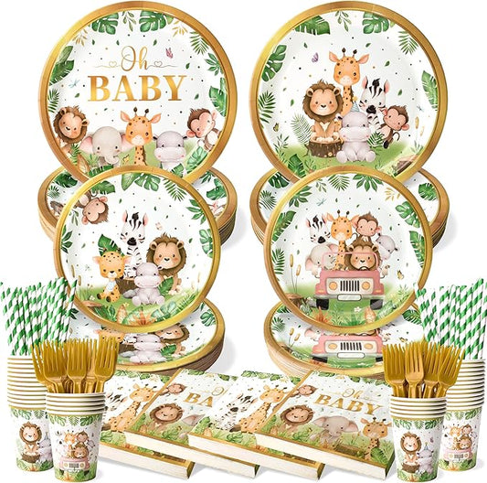 300 Pcs Safari Baby Shower Plates and Napkins Serves 50 Guests