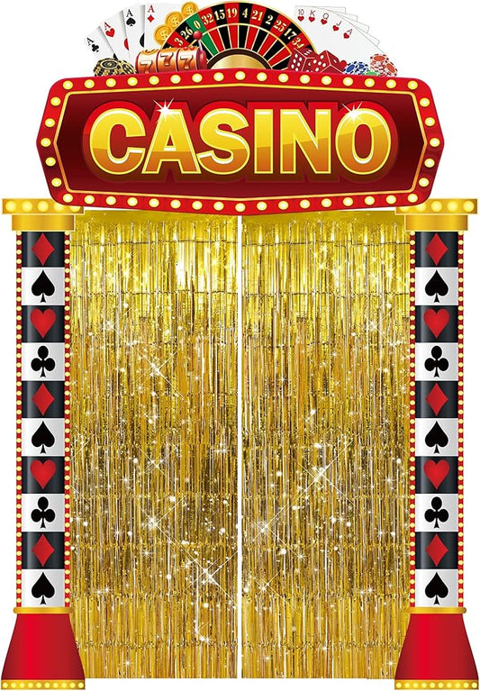 3 Pcs Casino Night Porch Sign Banner with Fringe Backdrop Curtains