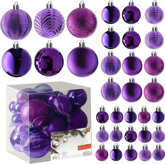 Prextex 36-Pieces Purple Christmas Ornaments Set - Shatterproof,