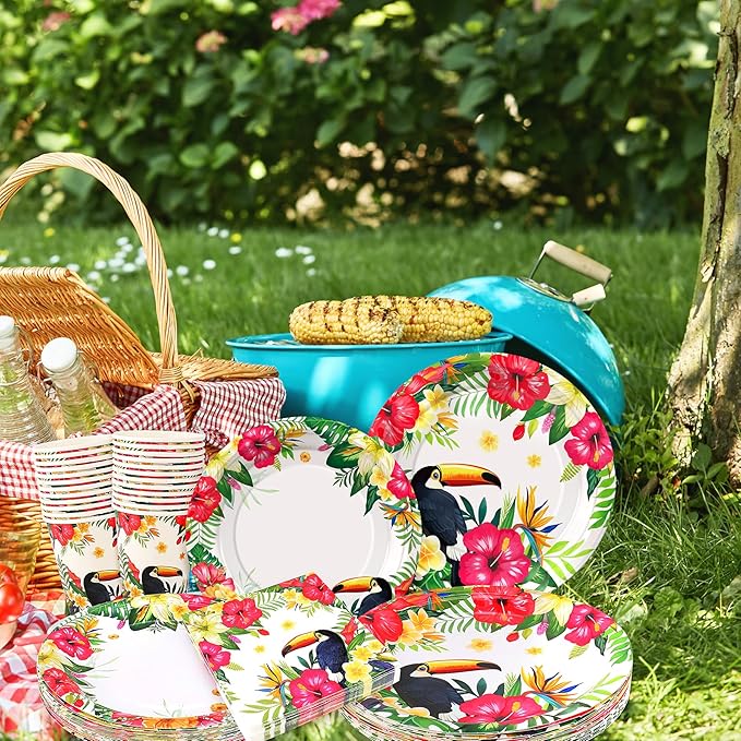 96PCS Tropical Plates and Napkins Hawaiian Cups Luau Party Tableware
