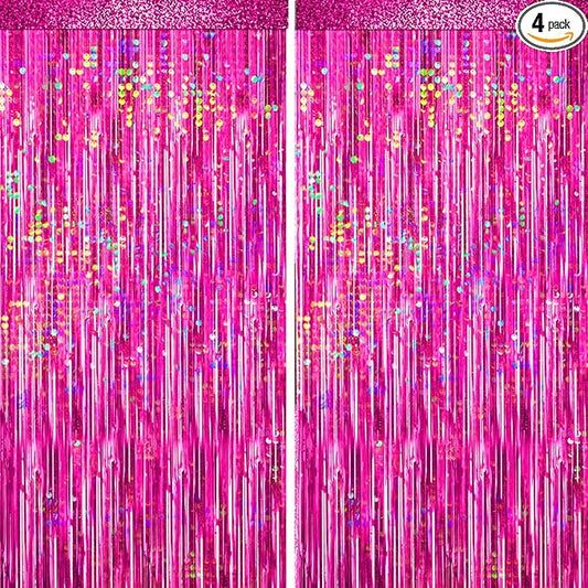4 Packs Hot Pink Foil Fringe Curtain, Pink Glitter Metallic Tinsel