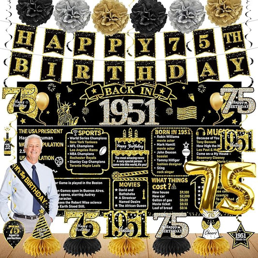 75th Birthday Decorations for Men Women 21pcs the Year 1951 Banner