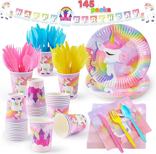 145 Pcs Unicorn Birthday Party Supplies with Unicorn Banner for