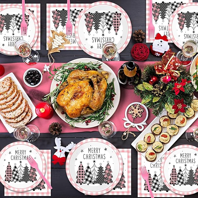 96PCS Merry Christmas Tree Party Plates and Napkins Pink Gingham