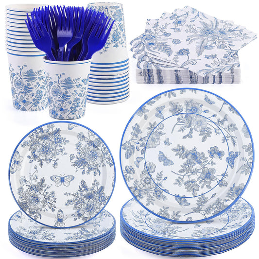 durony 144 Pieces Blue and White Flower Disposable Tableware Set 9