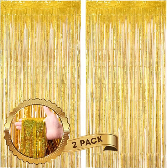 Voircoloria 2 Pack Laser Gold Foil Fringe Backdrop Curtains, Tinsel