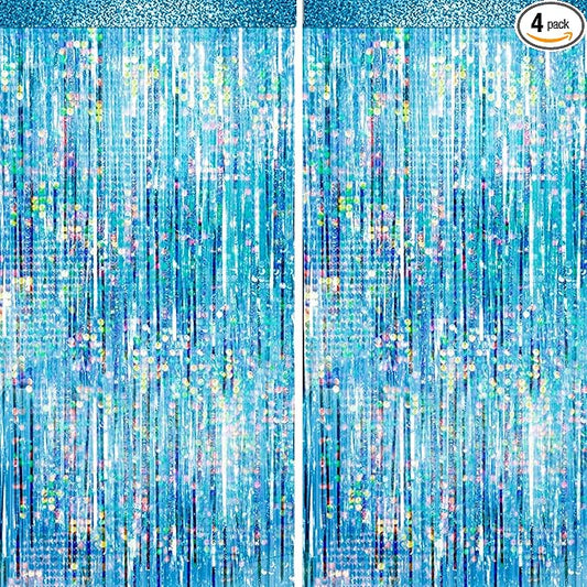 4 Packs Blue Foil Fringe Curtain, Light Blue Glitter Metallic Tinsel
