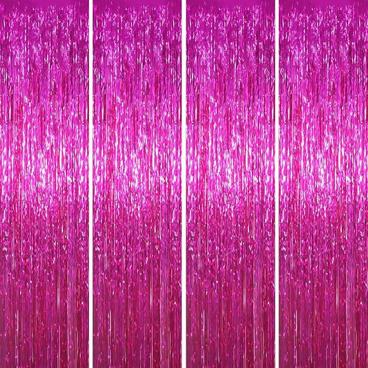Voircoloria 4 Pack Pink Foil Fringe Backdrop Curtains, Tinsel