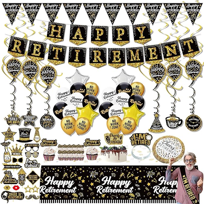 Happy Retirement Party Decorations supplies 80pack black gold party
