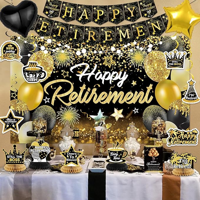Happy Retirement Party Decorations for Men and Women Black and Gold