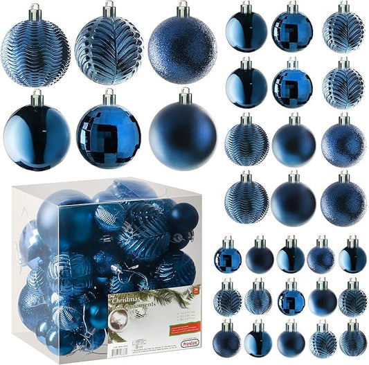 PREXTEX 36 Piece Blue Christmas Ornaments Set with Hanging Loops -