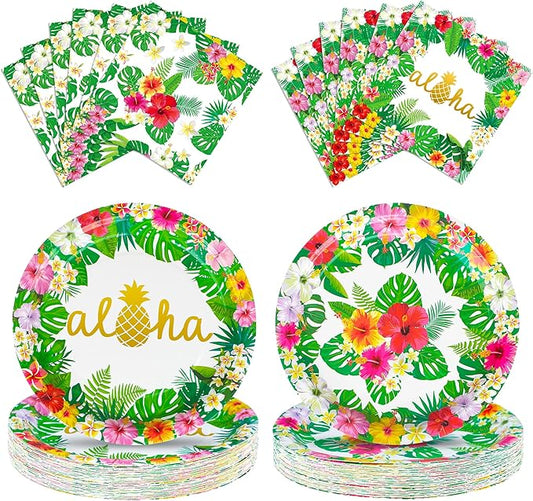 100 Pcs Hawaiian Paper Napkins Plates Tropical Luau Party Supplies 9