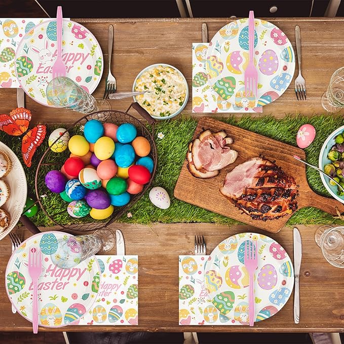 96Pcs Easter Paper Plates and Napkins Easter Eggs Themed Tableware