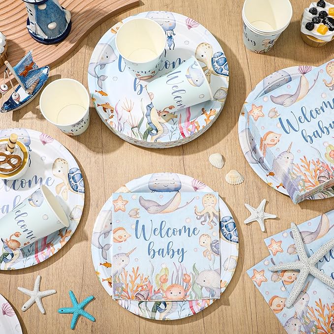 200 Pcs Under the Sea Baby Shower Paper Plates Napkins Cups Baby
