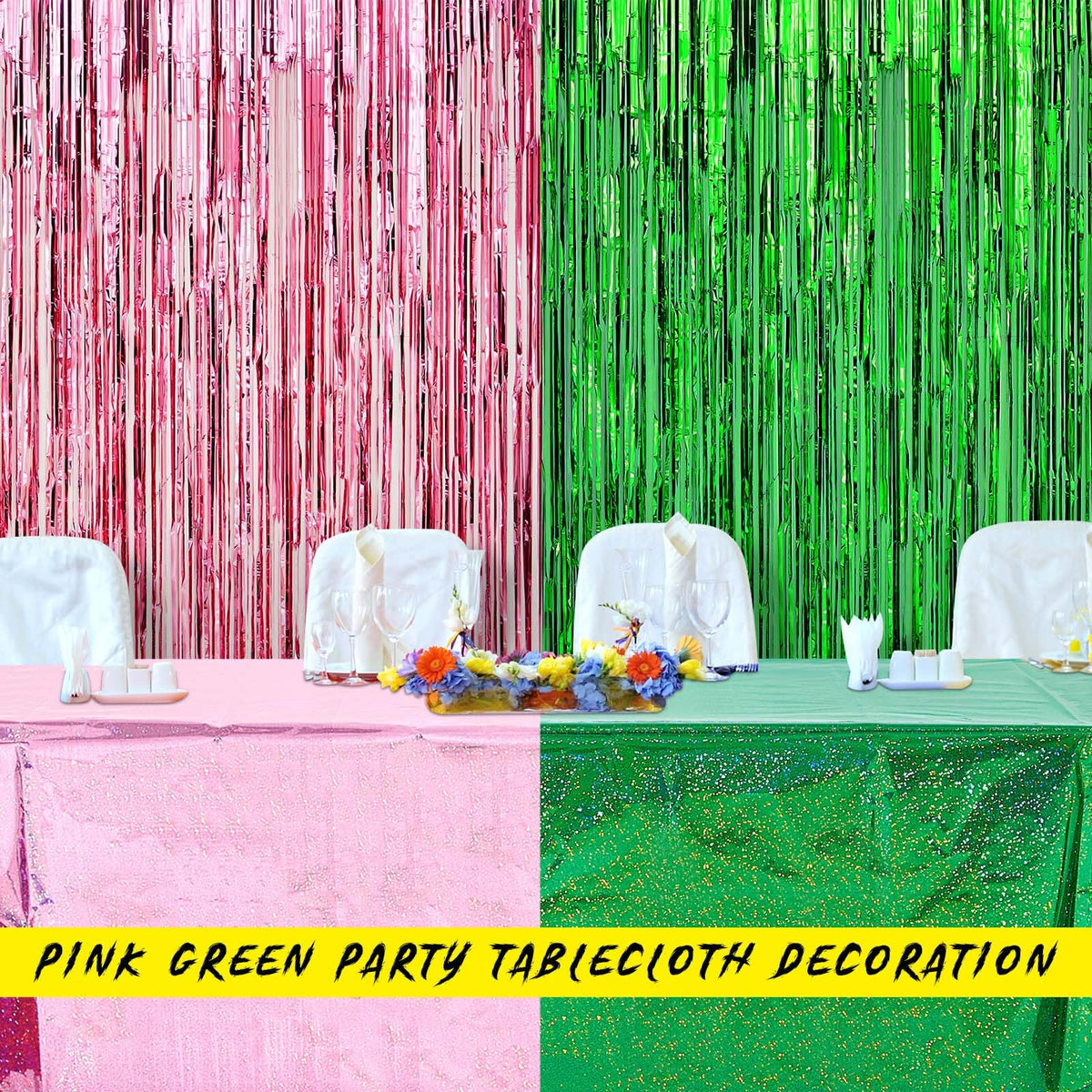 LOYIM 2 Pcs Iridescent Pink & Green Holographic Tablecloth for