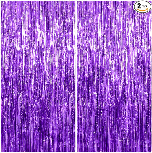 2 Pack Foil Curtain Backdrop Purple Metallic Tinsel Foil Fringe