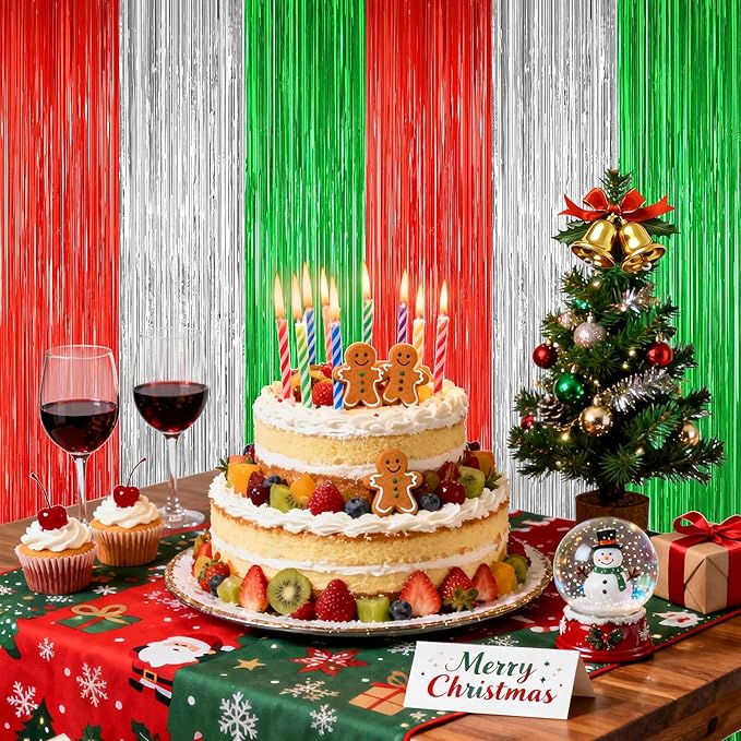 2 Pack Christmas Backdrop, Red Silver Green Party Streamer, Metallic