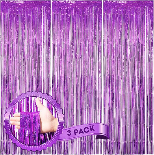 Voircoloria 3 Pack 3.3 x 8.2 ft Laser Purple Foil Fringe Backdrop