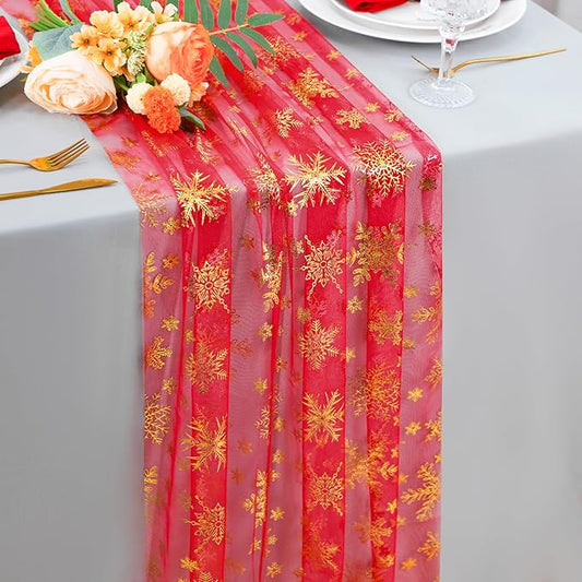 Red Table Runner, 120 Inches Long Sheer Tulle with Gold