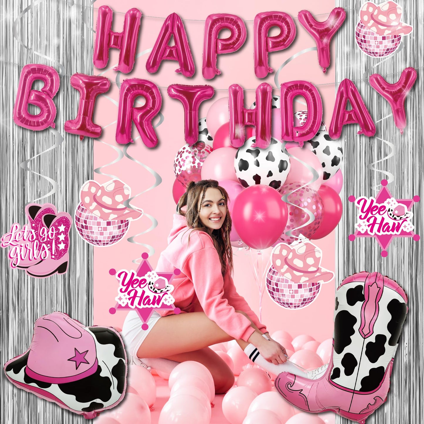 Disco Cowgirl Birthday Party Decorations - 105PCS Pink Decorations